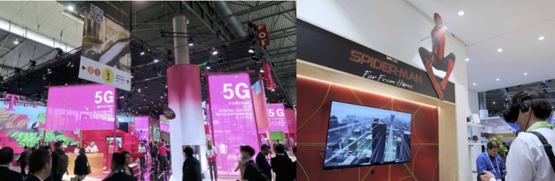 (左)「5G」の文字が目立つドイツテレコム、(右)ノキアのブースではインテルのブースと結んだマルチプレイヤーゲームを実演