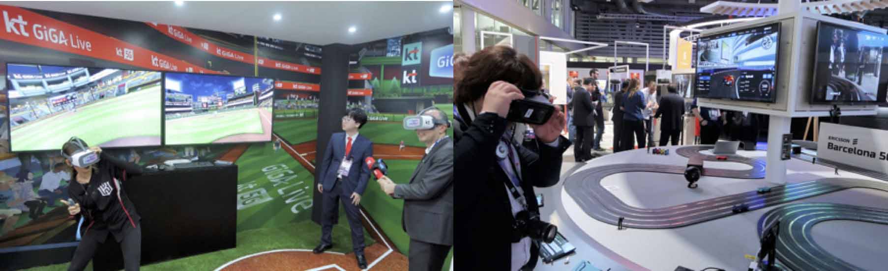(左)KTが実演していた野球のバーチャルプレイ、(右)エリクソンのブースでデモがあったカーレースの観戦の新しいスタイルへ